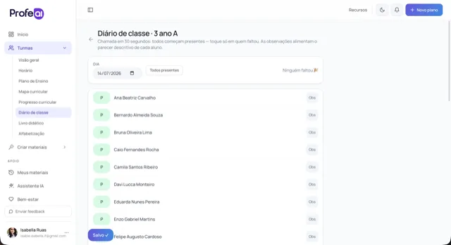 Tela do ProfeAI com o diário de classe e registro de chamada
