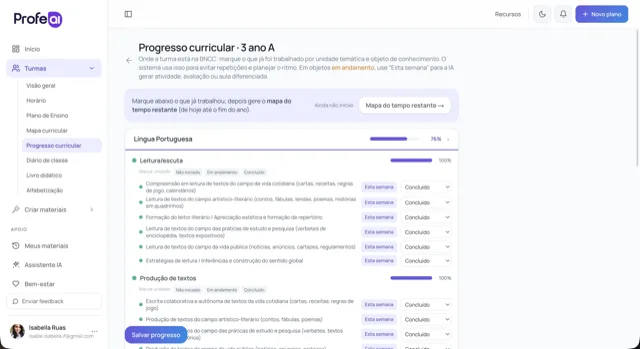 Tela do ProfeAI mostrando o progresso do currículo alinhado à BNCC