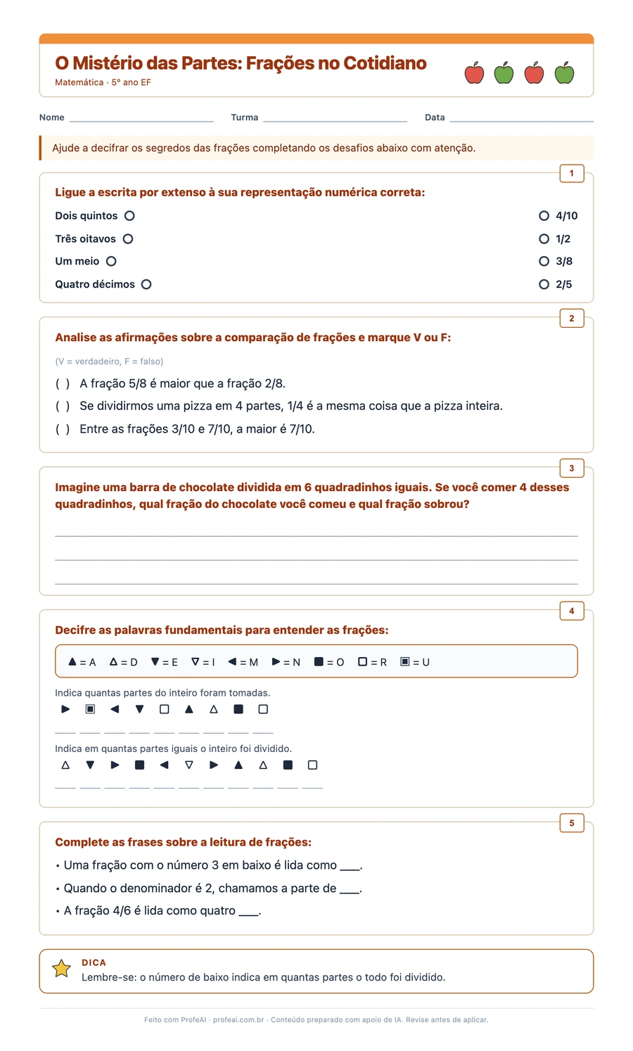 Folha real de frações, com cinco desafios para a turma.